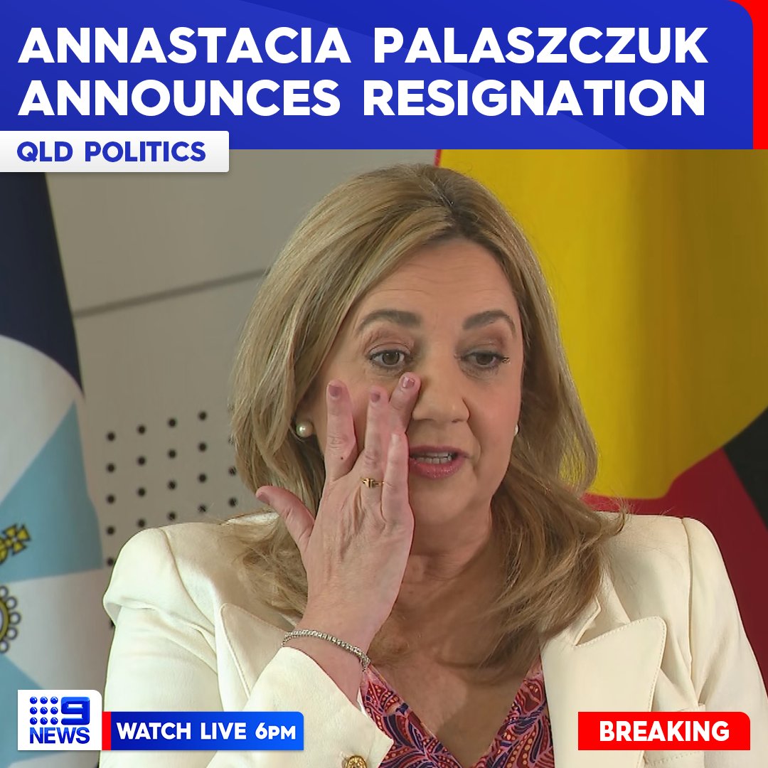 9NewsQueensland's tweet photo. #BREAKING: Queensland Premier Annastacia Palaszczuk has just announced she is resigning as leader of the state during a snap press conference.

READ MORE: https://t.co/n0ULcxJNlE

#9News https://t.co/Zk0StMOI7M