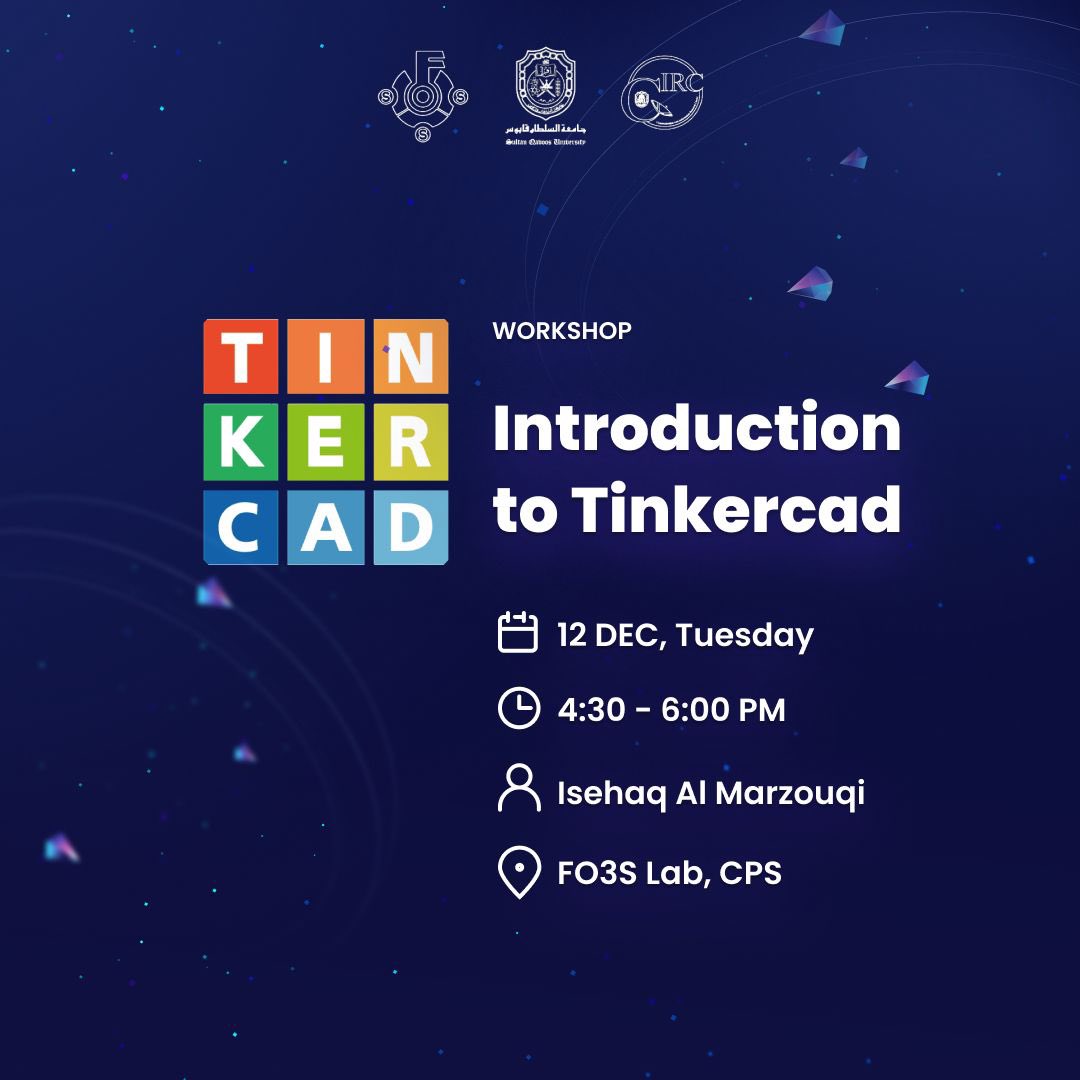 يسر جماعة البرمجيات الحرة والمفتوحة المصدر أن تعلن عن إقامة ورشة *"مقدمة في برنامج تينكر كاد introduction toTinkercad "*👨🏻‍💻 للتسجيل: 
forms.gle/Jjs6D4R68EsCZw…

  📌المقاعد محدودة  *بانتظاركم يا رفاق🌟👏🏻*

الوقت والتاريخ:
يوم الثلاثاء 12 ديسمبر 
الساعة 4:30 عصرا إلى 6