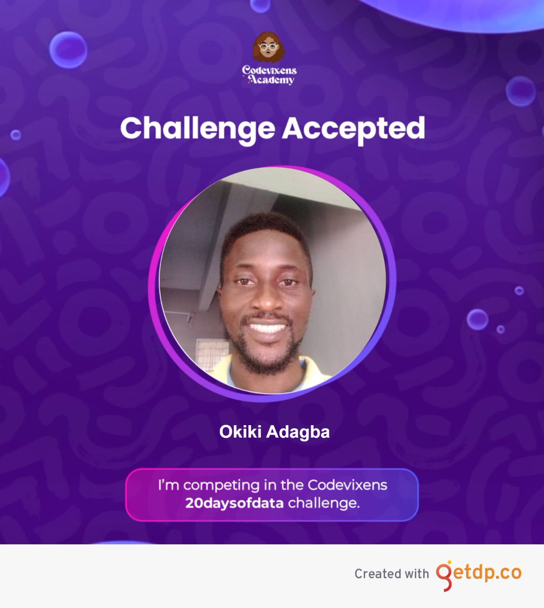 I am excited to be part of the #Cvd20DaysOfDataChallenge with @Codevixens ! Ready to level up my data skills and connect with fellow enthusiasts. Let the data adventure begin!  #DataJourney #ExcitedForGrowth #Cvd20DaysOfDataChallenge #CodevixensAcademy