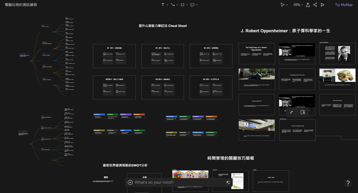 esorhjy's tweet photo. 我常常在大腦想問題卡關時，和 ChatGPT 對話來激發一些想法，而如果這個對話過程可以更加「視覺化」呢？

只需一下點擊，一個想法、問題、知識主題就能轉化為清晰、引人入勝的視覺圖表，這就是 MyMap AI 可以提供的功能。

無論是用在尋找靈感、整理複雜的資料，還是準備一場重要的簡報，在 MyMap AI 的無限大白板中，迅速將各種點子（想法、疑問）轉化為結構化的心智圖、時間軸、看板牆、故事板，甚至生動的簡報。

開啟： https://t.co/Zt4MdgUCwQ

不需註冊，就可使用，也支援生成中文問答內容。

功能特色：
1.一鍵生成心智圖和各種圖表。
2.提供免費工具版本，易於使用。
3.支援多種圖表類型，包括心智圖、看板、卡片牆、時間軸、故事板等。
4. AI 助力詳細資料探索和問答。
5.公開分享和匯出功能。

不只可以生成心智圖，還能生成各種圖表：
1.心智圖 mindmap
2.看板 kanban
3.卡片牆 cheatsheet
4.時間軸 storyline
5.故事板 visualstory

下面也分享幾個我實際測試的案例。歡迎參考我的完整心得文章： https://t.co/a8hCdwFR7t
