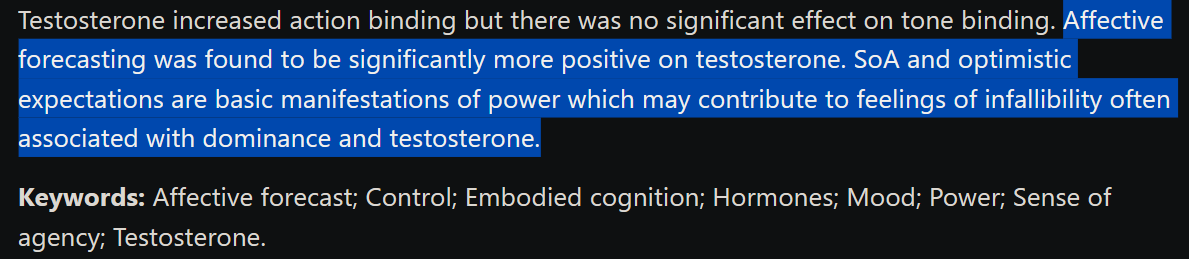 What you know high testosterone does for you;

- muscle growth
- libido regulation
- masculine characteristics

What you don't know high testosterone does for you;

- reduces anxiety
- alleviates depression
- creates self-agency
- increases the likelihood of reproductive success…
