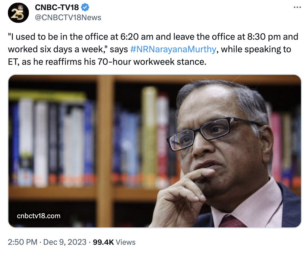 Akshat_World's tweet image. If you die at work, you will be replaced within a day (max a week). 

Only people who will remotely miss you would be your family. 

Rest don't give a shit. 

Work 100 hours a week, if it helps your family. 

But, you would have to be colossally stupid if you work 70 hours/week…