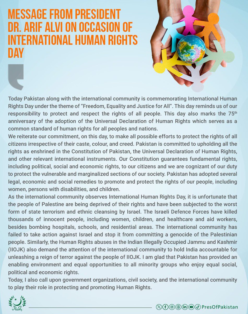 Message from President Dr. Arif Alvi on occasion of International Human Rights Day.