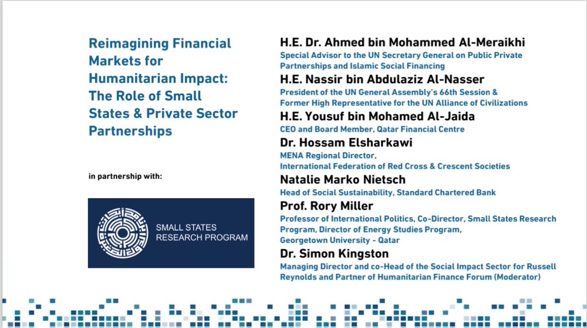 We are proud to announce the first #SmallState Research Program panel at the #DohaForum 2023. Thank you to our partners Humanitarian Finance Forum and the support of our esteemed advisory board #Qatar
<a href="/almayassahamad/">Al Mayassa Al Thani</a> <a href="/MBA_AlThani_/">محمد بن عبدالرحمن</a> <a href="/Lolwah_Alkhater/">لولوة الخاطر Lolwah Alkhater</a> <a href="/Dr_Al_Khulaifi/">د. محمد الخليفي</a> <a href="/AmbAlyaAlThani/">Alya Ahmed Saif Al Thani</a>