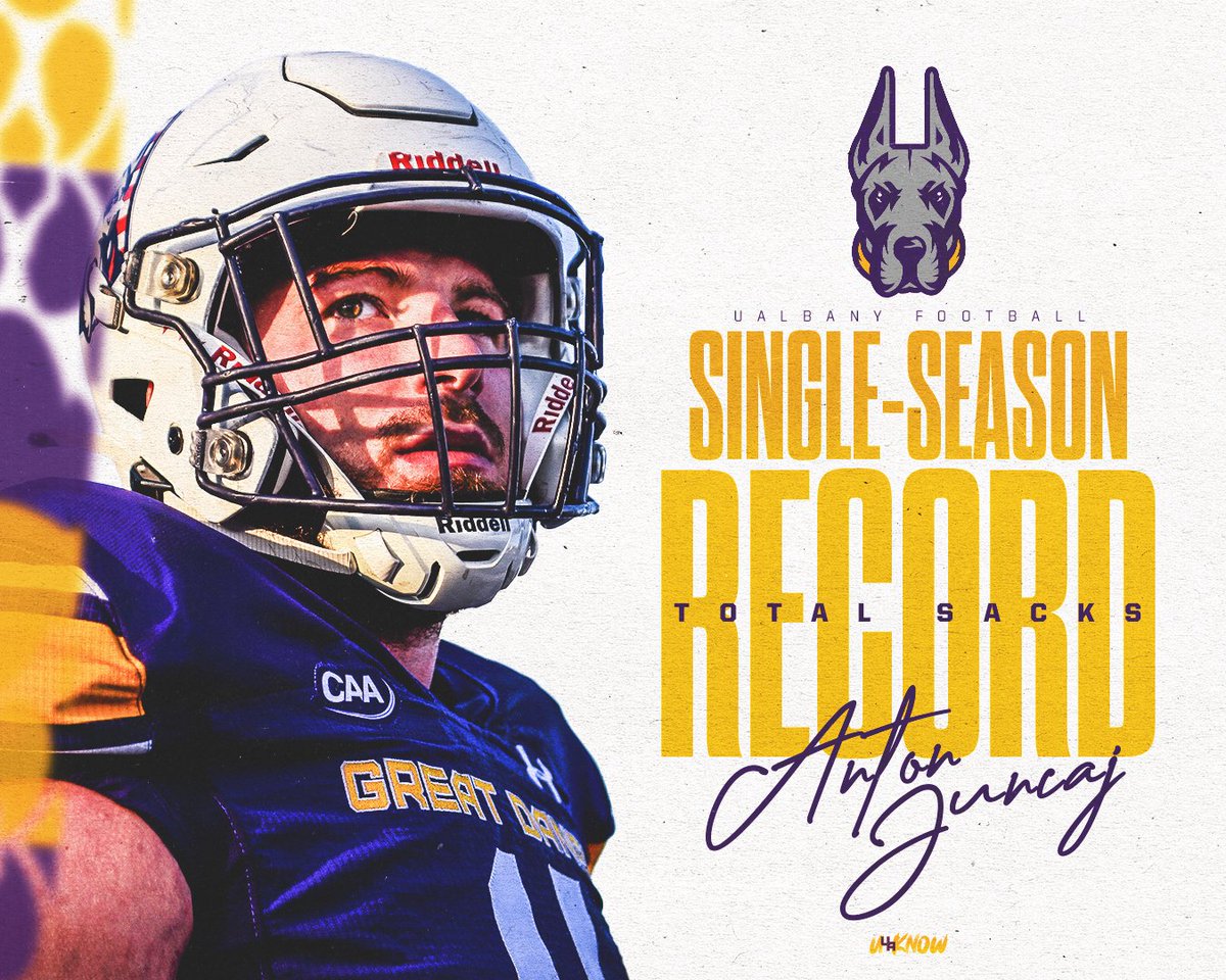 𝗥𝗘𝗖𝗢𝗥𝗗 𝗕𝗥𝗘𝗔𝗞𝗘𝗥 @anton_juncaj4 gets the strip sack AND breaks the UAlbany single-season sacks record 💥 #UAUKNOW #WinTheDay 🟪 🟨