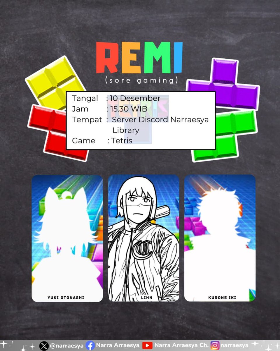 #Remi

Asik, game neraka balik lagi~
ku kira gamenya santai, hingga kutukan komentator menyerang! 
bersama @imL1HN dan <a href="/kurone_iki/">Kurone Iki - 黒根 意気 | VTUBER ID</a> 

Today, pukul 15.30 WIB
Hanya di server narraesya library

ayo join remi disini :
discord.gg/bmYdPzEy