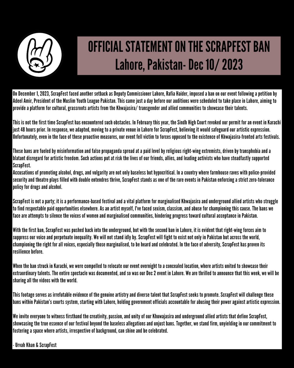 Deputy Commissioner Lahore bans ScrapFest, suppressing Khwajasira/transgender artists. Despite prior bans, we're resilient. ScrapFest vows to fight, challenging this ban in Pakistan's courts. Stay tuned for our documented resilience. #ScrapFestLives <a href="/scrapfestlive/">Scrapfestlive</a>