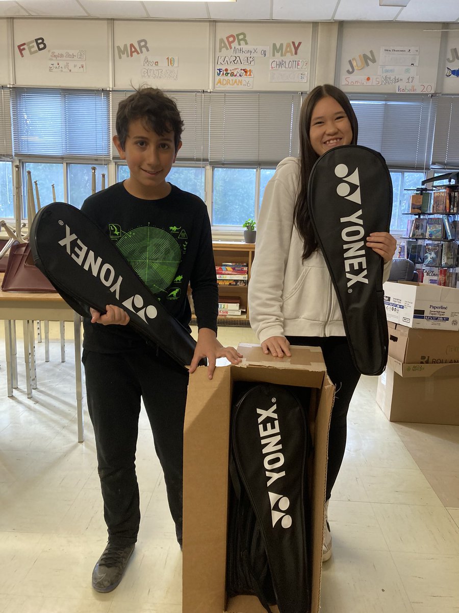 Bayview Student Council fundraising at work! President Allison and VP-7 Towheed receiving the last of the orders made from money raised last year - 9 new badminton rackets 🙌🏻  <a href="/marham99/">M. Hamid</a> @schan_tdsb <a href="/LC2_TDSB/">Learning Centre 2</a>
