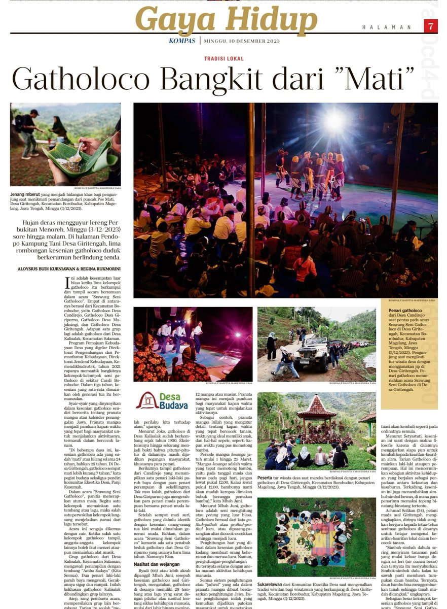 Festival Kampung Tani di Desa Giritengah, Kecamatan Borobudur, Kabupaten Magelang, Jawa Tengah, pada 2-4 Desember 2023 mencatat sejarah baru. Lima kelompok seni Gatholoco yang nyaris punah berkumpul.
kompas.id/.../12/08/gath…
#desabudaya #budayasaya #pemajuankebudayaandesa