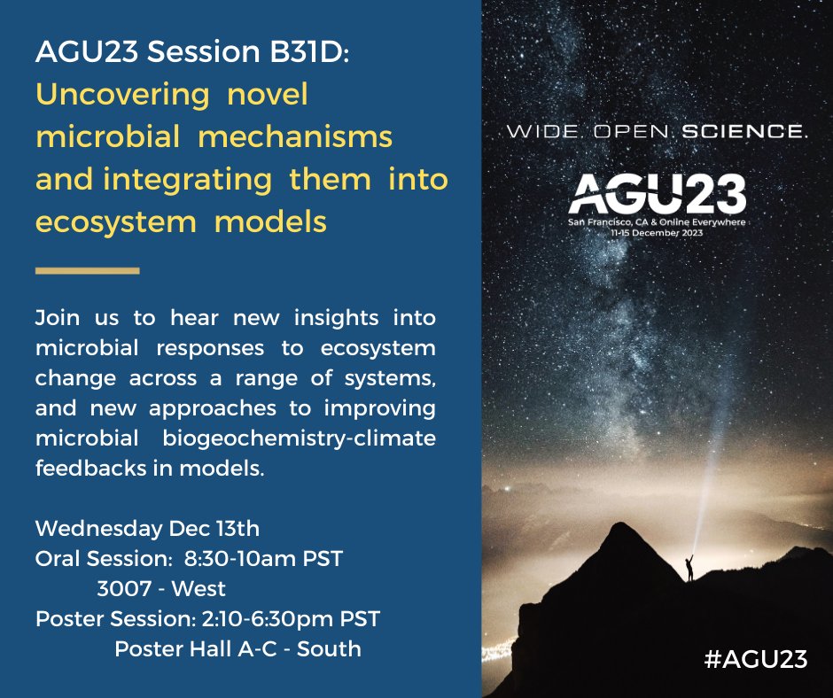 mpchengsworld's tweet photo. If you are at AGU this week, please come to my talk on Monday 11:10 at MC 3007 (B12B-06). I will present using molecular composition of SOM to predict soil respiration. 

Please also consider join us at session B31D and B33J on Wednesday. Looking forward to seeing you! #AGU23 https://t.co/m7Y1PELdUa