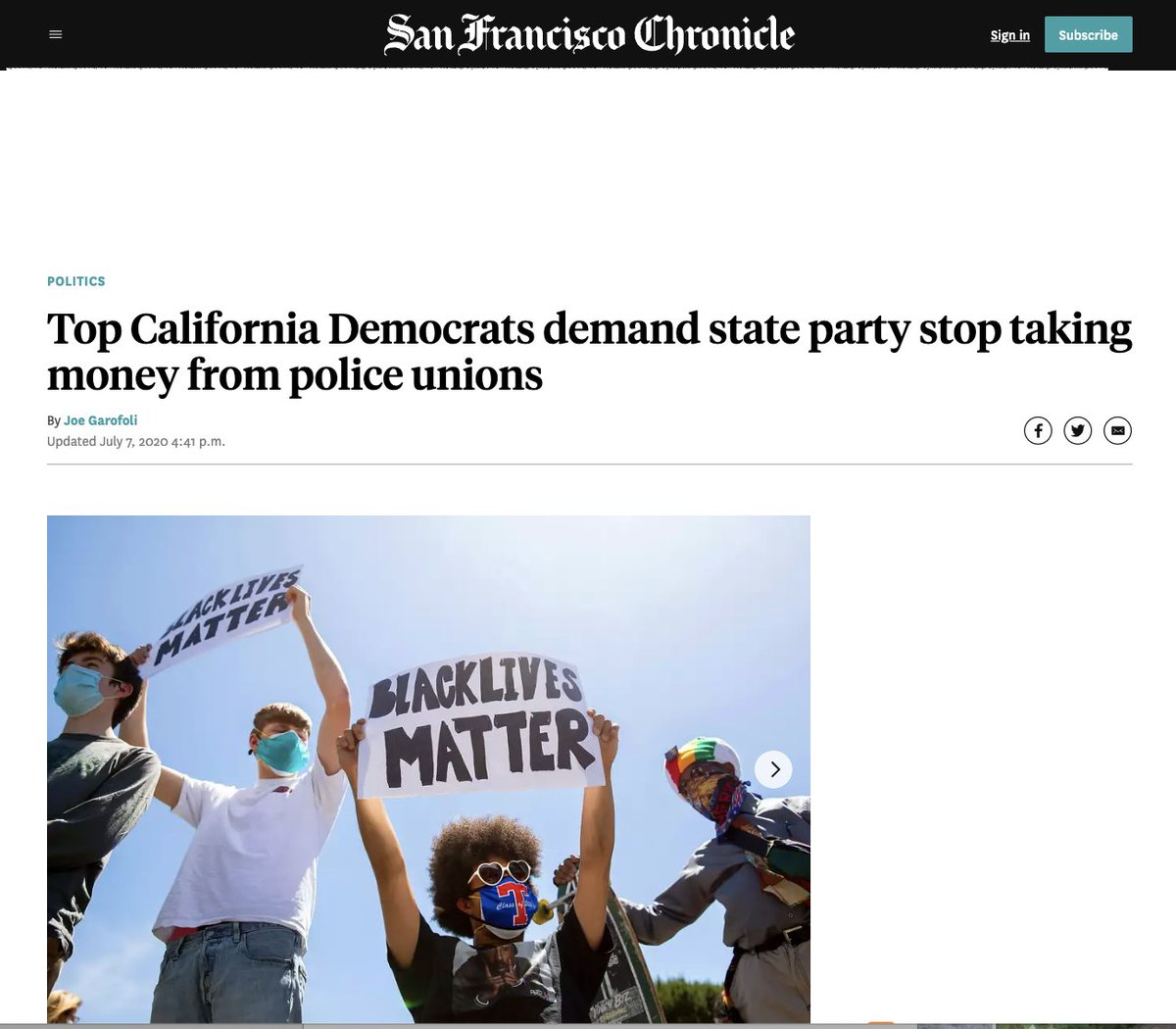 LoriSaldanaSD's tweet photo. After the murder of George Floyd in 2020, the practice of transferring police union money to the state party lead to an internal debate in the #ca_dem:
July 2020:
Top California Democratic leaders are demanding that the party stop accepting campaign contributions from law enforcement unions, The Chronicle has learned — the latest sign in how the Black Lives Matter movement is reshaping politics since the death of George Floyd.
Since 2017, the state party — the largest in the nation — has accepted $1.8 million from four police unions and other organizations representing law enforcement employees, according to a letter signed by the chairs of eight of the party’s caucuses, including those representing African Americans, Latinos, and progressive and young members.