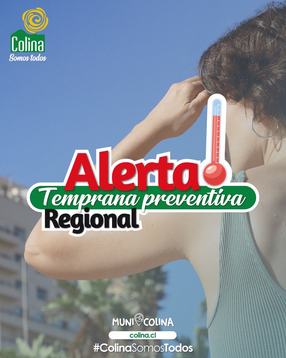 MuniColina's tweet photo. @Senapred declara alerta temprana preventiva para el domingo 10 de diciembre para la Provincia de Chacabuco ante las altas temperaturas, las cuales alcanzarías los 40 grados. 

Ante esto, entregamos las siguientes recomendaciones a la comunidad. https://t.co/LrBk3Hz2GA