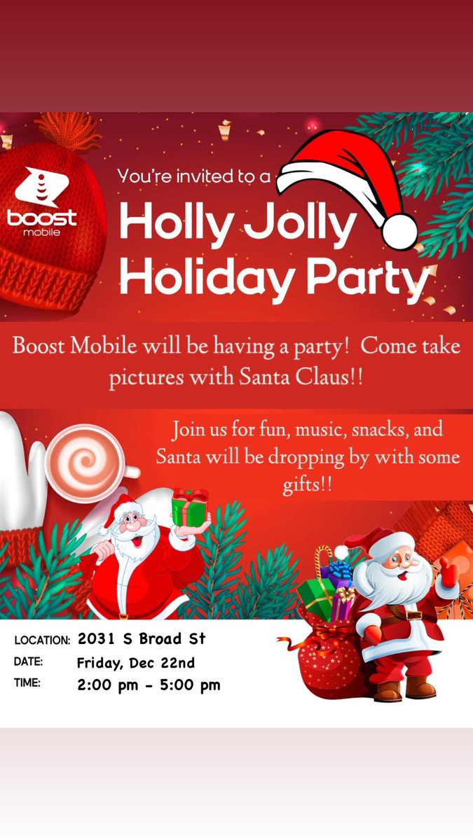 #Philly Santa is coming to town!!!

Stop by <a href="/boostmobile/">Boost Mobile</a> for a fun-filled holiday party &amp;  kick it w/ #Santa 📸🎅🏽

🎄12/15 - 6149 Woodland Ave
🎁12/20 - 5619 N Broad St
🧸 12/21 - 3847 Aramingo Ave
🥛12/22 - 2031 S Broad St

<a href="/seanlee9/">Sean Lee</a> <a href="/boost_elite/">Elite Mobile</a>

#Boostmas #GetAfterIt #FreeToys
