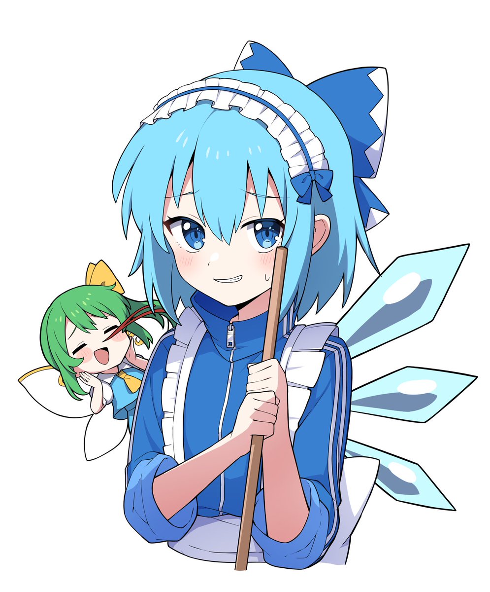 cirno ,daiyousei multiple girls 2girls blue eyes blue hair wings green hair simple background  illustration images