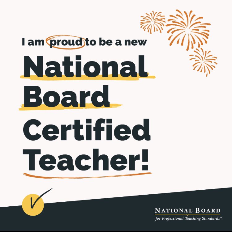 I did it! I’m so proud to have achieved National Board certification. Thanks to everyone who supported me along the way. I’m excited to add “NBCT” after my name and celebrate this achievement. #NBCTstrong #IAmAnNBCT @NBPTS