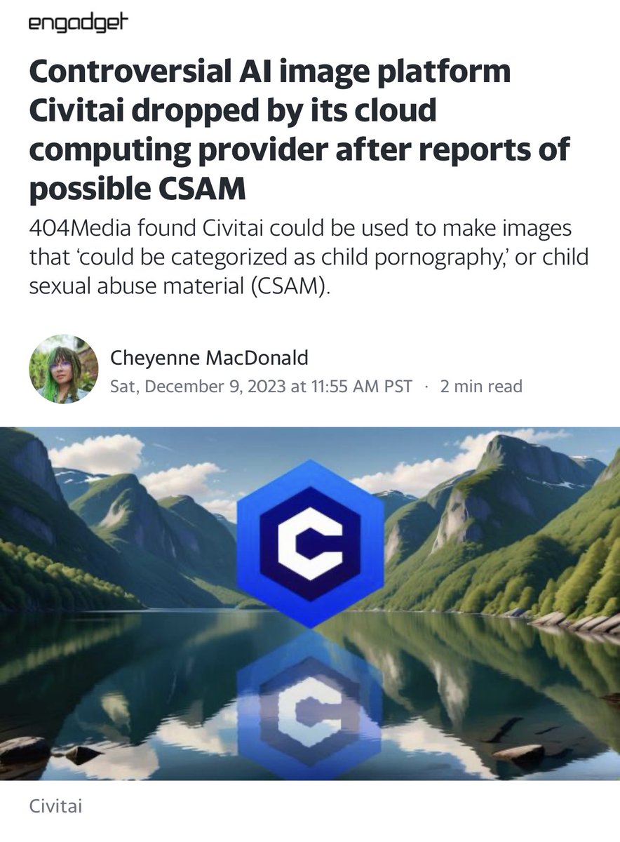 kortizart's tweet photo. Update: awful CivitAi dropped by OctoML. This is the power of good journalism! When reporters fearlessly hunt for the objective truth you get monumental change! 

Great job from @404mediaco ! Please consider subscribing to this amazing news outlet!  

https://t.co/Q4b9Tk6tMs https://t.co/X2eBwq3wLd