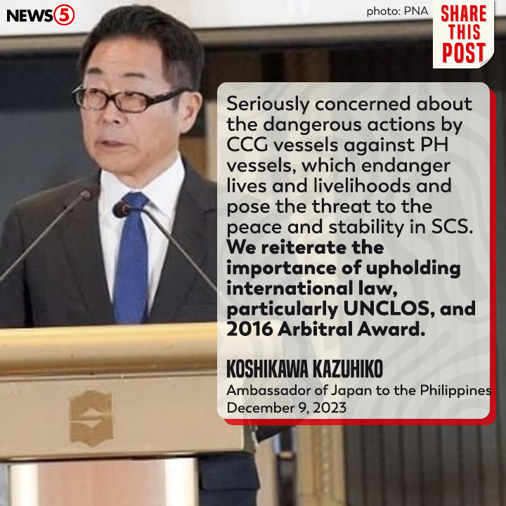 News5PH's tweet photo. Nababahala ang Japan sa ginawang pangha-harass ng Chinese Coast Guard sa mga barko ng Bureau of Fisheries and Aquatic Resources (BFAR) na layuning magsagawa ng humanitarian at support mission sa mga kababayan nating mangingisda sa Scarborough Shoal nitong Sabado, Dec. 9. #News5 https://t.co/vTXH3TldP7
