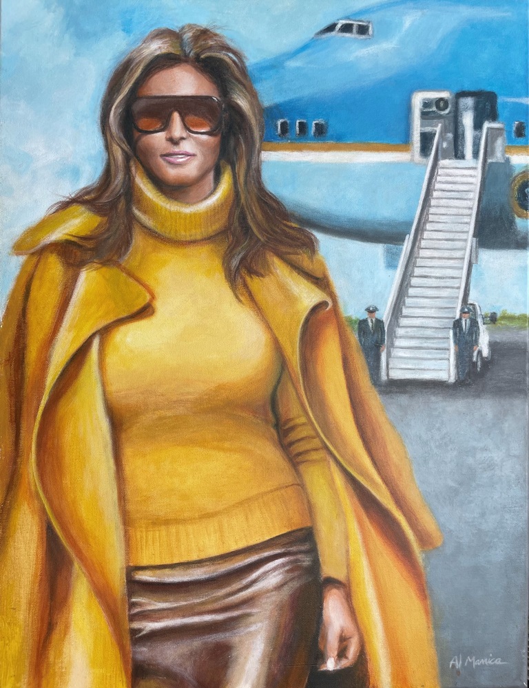 ManicaAlan's tweet photo. I made this painting "The First Lady has Landed" 4 years ago that went viral. It was an honor for me to personally gift it to President Trump at a J6er event that was hosted by @realpfp at Trump's Golf Club House in Bedminster NJ, 6/22/23. Trump loved it, hope you do too. https://t.co/GV5yPXOxpV