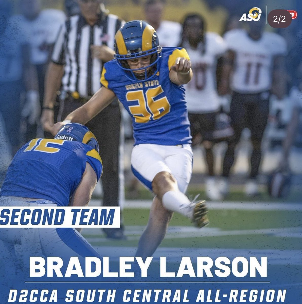 D2 CCA (Conference Commissioners Association)  All-Region Second Team
⁃#2 in the nation FG Accuracy 93.3% (14/15)
⁃4/4 40+ FG’s (48, 45, 43 &amp; 41)
⁃PAT’s 38/39 (97.4%) 
⁃Overall Accuracy 96.3% (52/54)