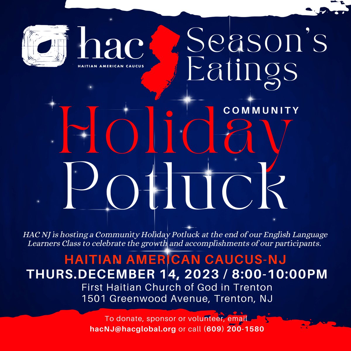 Haitian American Caucus-US (@hac_us) on Twitter photo Join us on Dec 14th @ 8pm at First Haitian Church of God, Trenton, NJ, for the HAC-NJ Community Holiday Potluck celebrating the growth of our English Language Learners.
More info: hacNJ@hacglobal.org (609) 200-1580. #HACNJ #EducationForAll #Migrants #Haitians #LanguageAccess Join us on Dec 14th @ 8pm at First Haitian Church of God, Trenton, NJ, for the HAC-NJ Community Holiday Potluck celebrating the growth of our English Language Learners.
More info: hacNJ@hacglobal.org (609) 200-1580. #HACNJ #EducationForAll #Migrants #Haitians #LanguageAccess