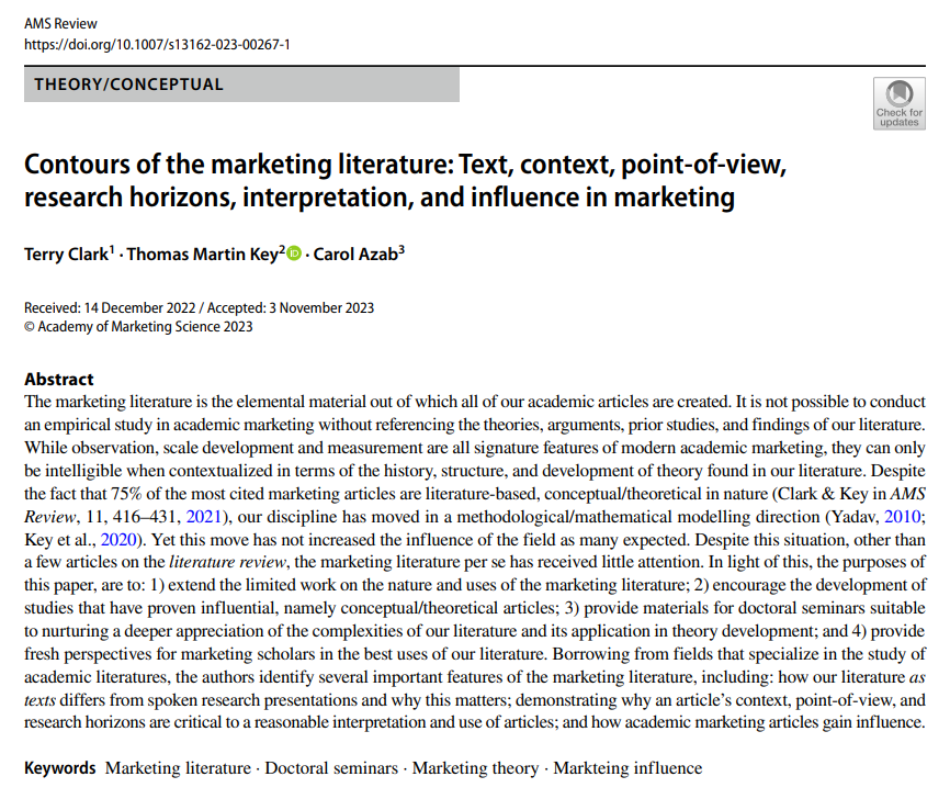 AMSReview's tweet photo. Online first: This article aims to extend the work on the nature and uses of marketing literature, advocating for a deeper focus on influential conceptual/theoretical articles, and provides materials for doctoral seminars and fresh perspectives. Read more: https://t.co/oZXL0MIkFq https://t.co/5oNoSAOlAY