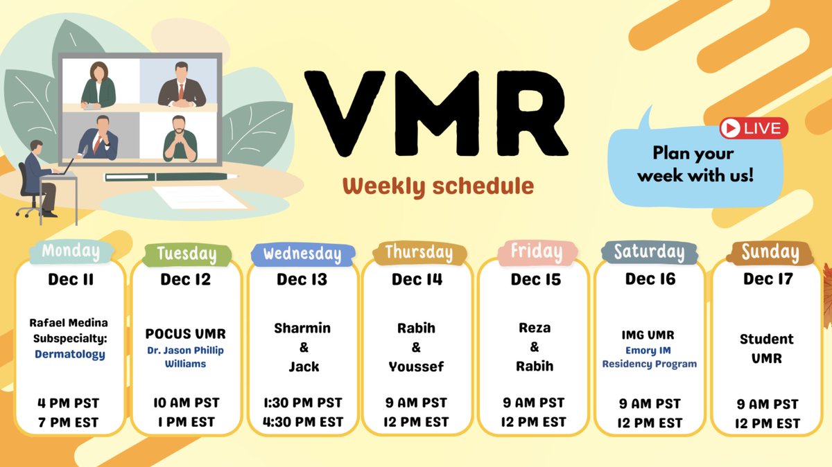 Plan your week with us #MedTwitter! Check out this week's Virtual Morning Report line-up⬇️ We hope to see you there📷 Join us for live events here: bit.ly/31LWIKg