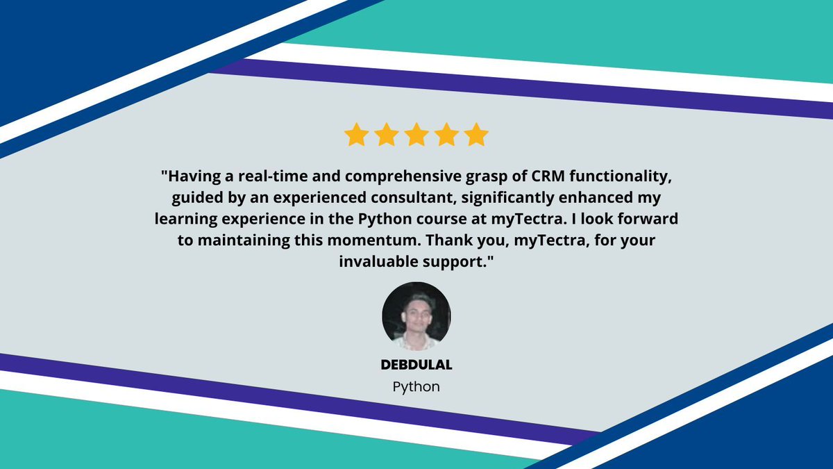 mytectra's tweet image. Thank you, Debdulal! We're thrilled to hear that you found our Python course beneficial. We're dedicated to your success and appreciate your kind words.
#PythonTraining #TechSkills #ProgrammingSuccess #MyTectraExperience #CodingJourney
#myTectra #myTectraReviews