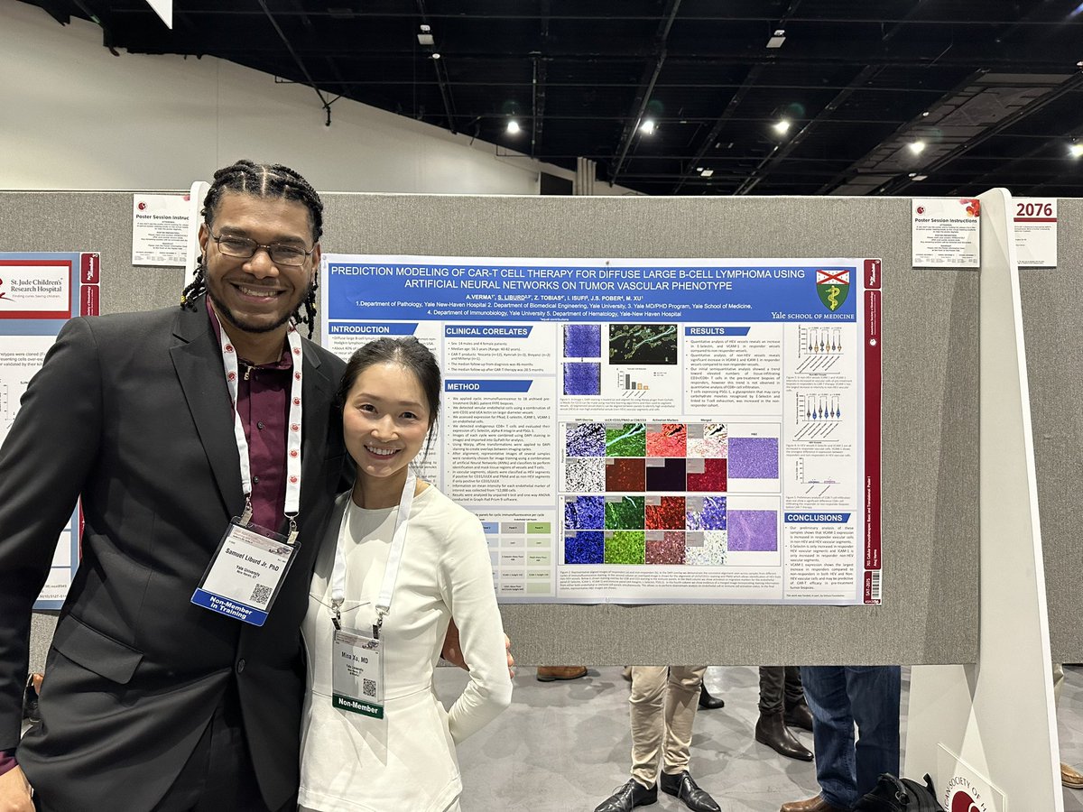 .@MinaXu7 and @YaleMed student, Samuel Liburd, present innovative prediction modeling of CAR T Cell Therapy for Diffuse Large B-Cell #Lymphoma at #ASH23. @SmilowCancer @yalepathology @YNHH @YaleHematology
