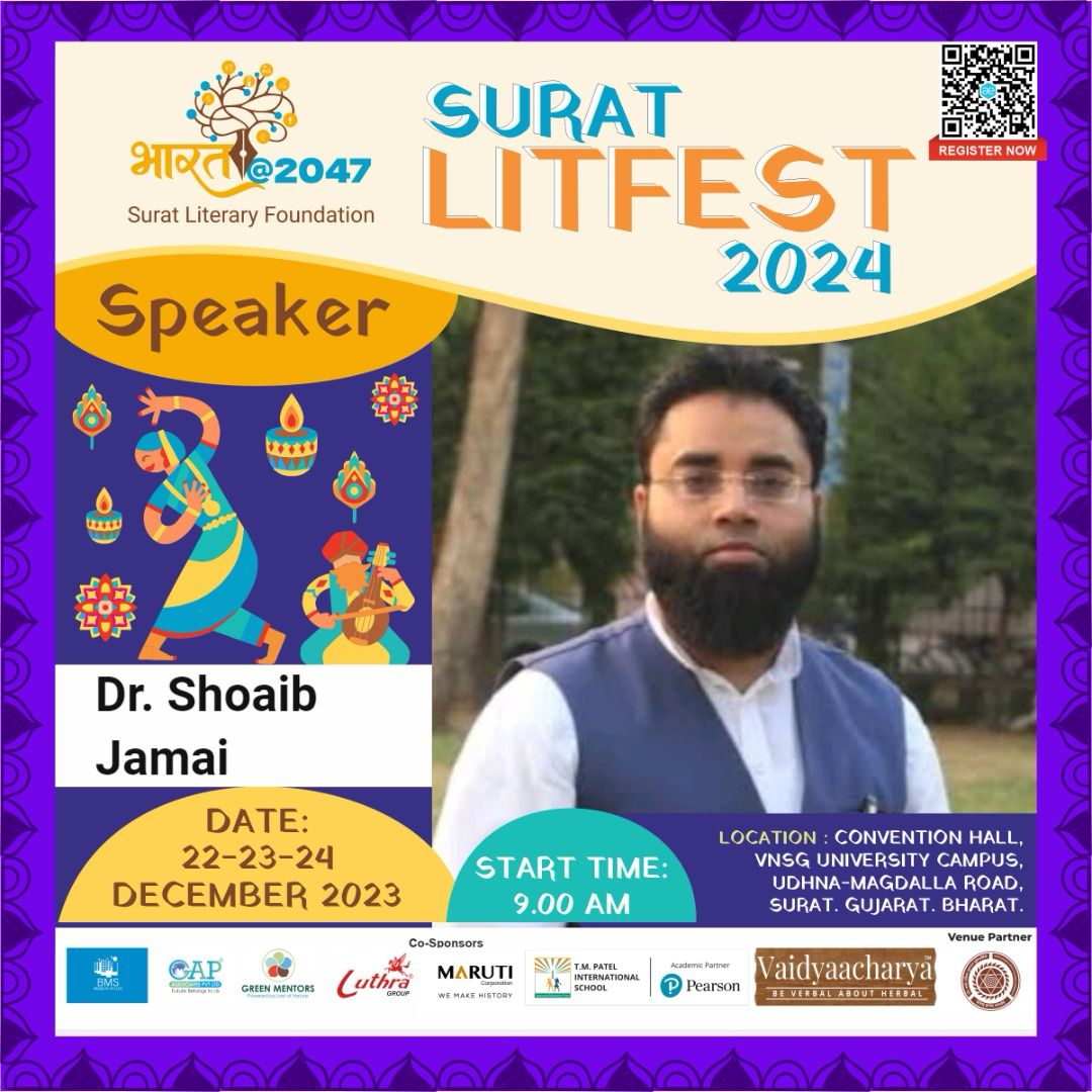 swetasamadhiya's tweet photo. Mitro ,
Dr Shoaib Jamai ji 
will be speaking at #Suratlitfest2024 at #Bharat@2047 
@shoaibJamei 

Please join us!!
@srtlitfest https://t.co/j8P26JXVxq
