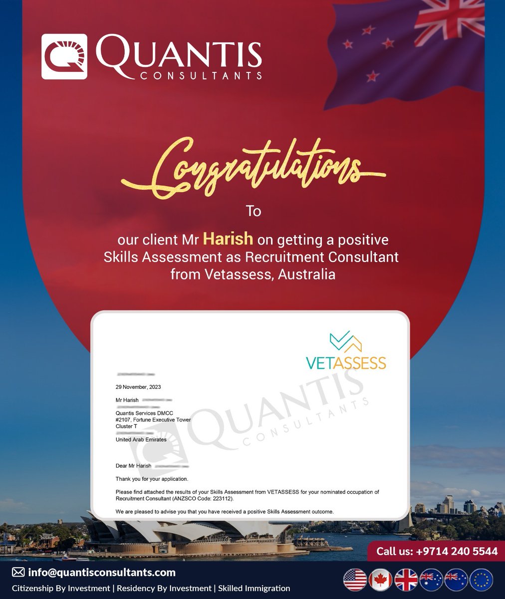 QuantisUAE's tweet image. Congratulations to our client Mr Harish on getting a positive Skills Assessment as Recruitment Consultant from Vetassess, Australia

Call us at: 📲+971 4 240 5544 
📩info@quantisconsultants.com 
or visit: bit.ly/3jKNd2O

#Quantisconsultants #immigration  #visa