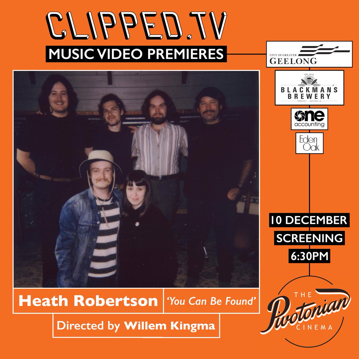 'You Can Be Found' by Heath Robertson (Dir. Willem Kingma) will be screened at CLIPPED Music Video Premieres this Sunday 10th December at the Pivotonian Cinema in Geelong!

🎟️ bit.ly/46E26Lr

<a href="/Blackmansbrewer/">Blackman's Brewery</a> <a href="/glongarts/">geelong arts</a> @whatsongeelong1 <a href="/WhatsOnGeelong1/">WhatsOnGeelong</a> <a href="/GreaterGeelong/">City of Greater Geelong</a>