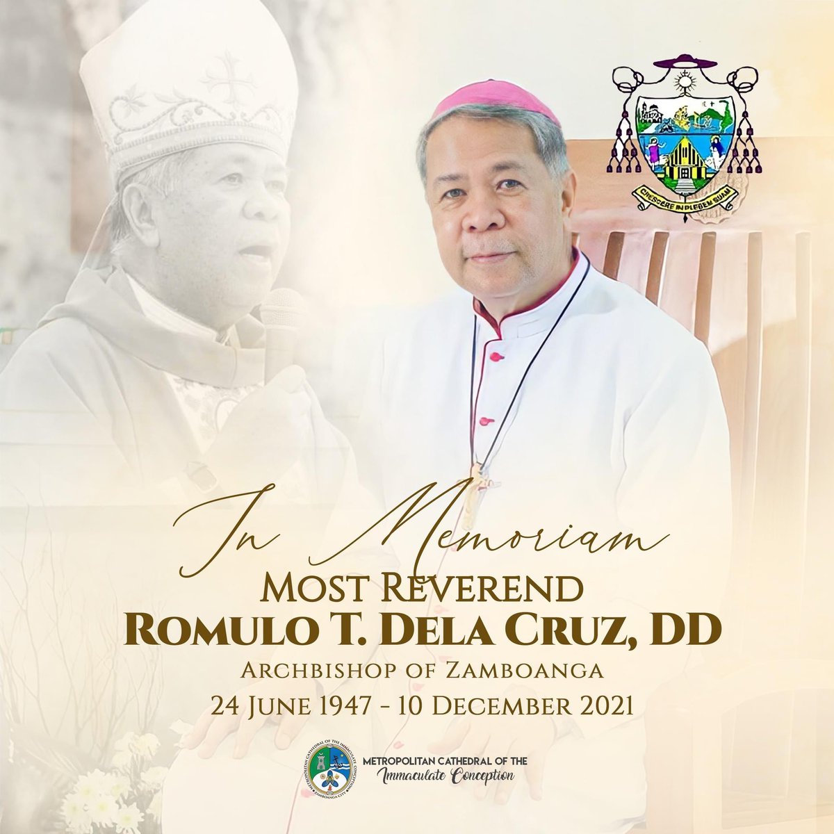MCIC_Parish's tweet photo. IN MEMORIAM: Today, we remember the 2nd death anniversary of His Excellency the Most Reverend Romulo T. Dela Cruz, the Sixth Metropolitan Archbishop of Zamboanga. 

Requiem Aeternam dona ei, Domine, et lux perpetua luceat ei. Requiescat in Pace. Amen https://t.co/gxYIISC6GD