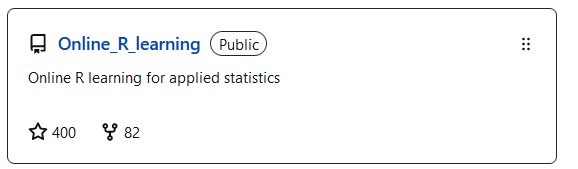 Small milestone: Online_R_learning has reached 400 stars on GitHub! 

My repositories have a much farther reach than my actual research: 

Friends don't let friends make bad graphs: 3.8k stars
SimpleTidy GeneCoEx: 154 stars. 

github.com/cxli233