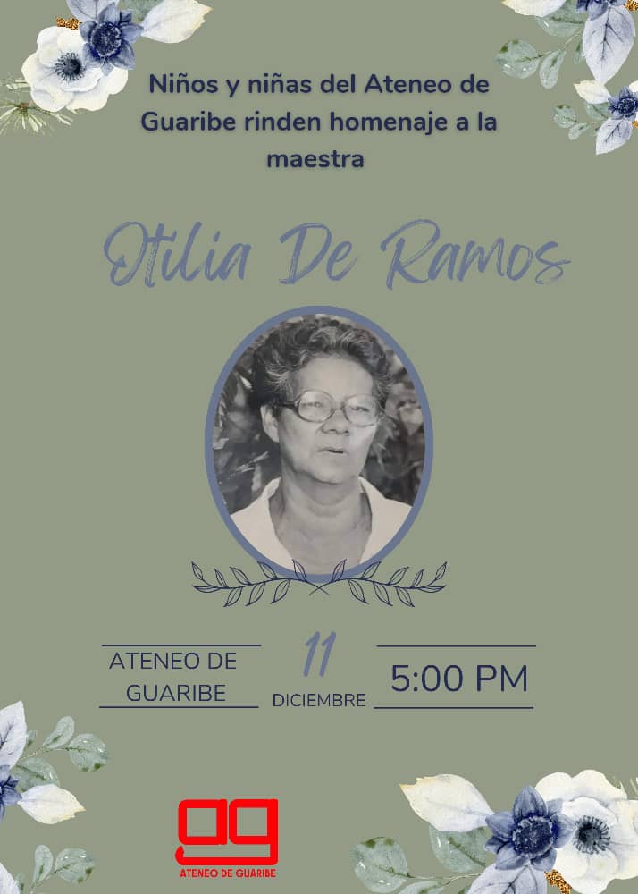 Desde el Ateneo de Guaribe se rendirán honores a la Maestra Otilia de Ramos por ser una docente abnegada y de vocación.  <a href="/misioncultur/">MisionCultur Guárico</a> <a href="/mleerescribir/">Misión Leer y Escribir</a> <a href="/GabineteGuaric/">MinCultura Guárico</a>