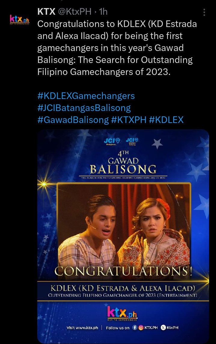 Thank you po I'm sure KD and Alexa would love to accept the recognition in person coz it's their very 1st w/ your org. Hoping they'll b part of the nominees again next year 🤍 

#AlexaIlacad #KDEstrada #KdLex #KDLEXSweethearts #JCIBatangasBalisong #GawadBalisong #KDLEXGamechagers