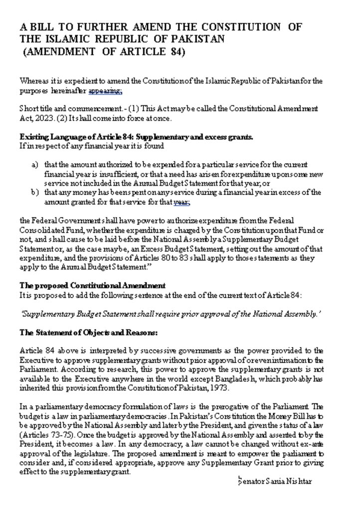 SaniaNishtar's tweet photo. During the recent meeting of the @Senatepak Standing Committee on Law and Justice there was support from all parties for two of my constitutional amendment bills, aimed at amending articles 140A and 84. 
The former is aimed at providing a basic constitutional framework to achieve the objective of devolution from the provincial to local level as conceived in the original Article 140A, whereas the latter is meant to rectify the process of approving supplementary budget grants.