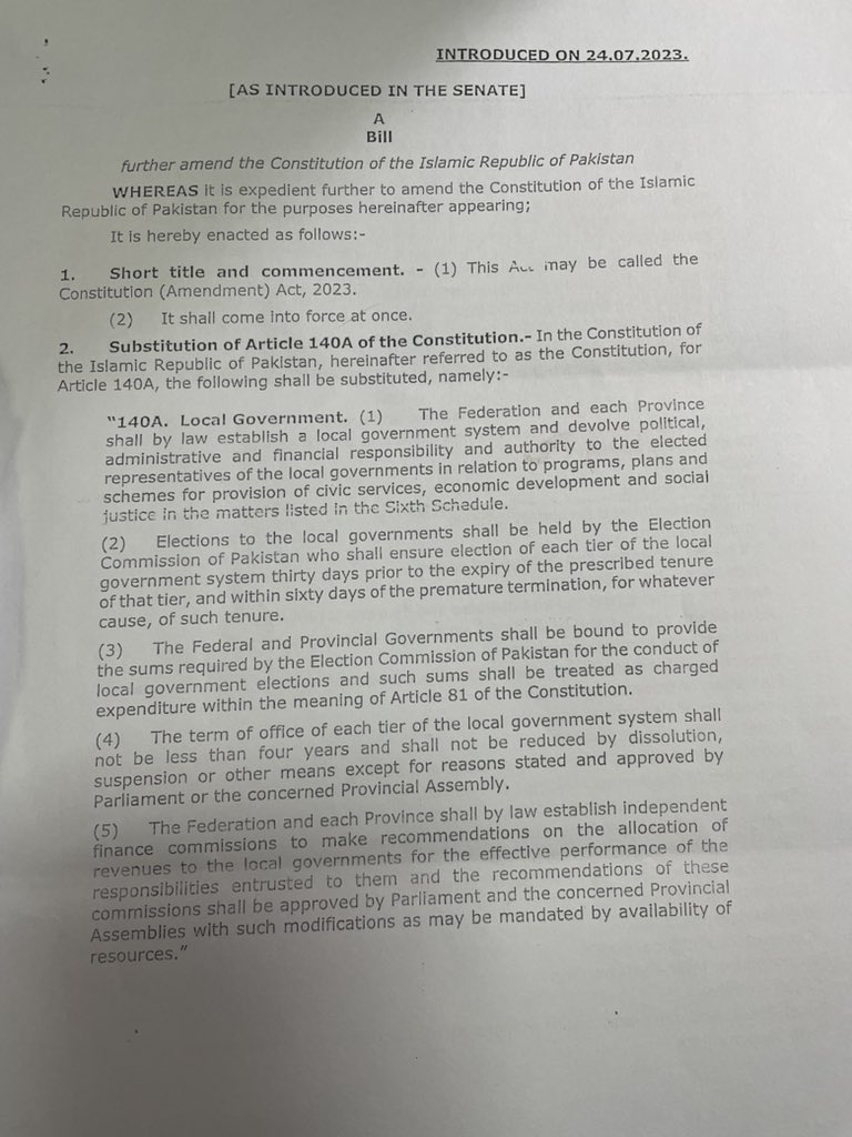 SaniaNishtar's tweet photo. During the recent meeting of the @Senatepak Standing Committee on Law and Justice there was support from all parties for two of my constitutional amendment bills, aimed at amending articles 140A and 84. 
The former is aimed at providing a basic constitutional framework to achieve the objective of devolution from the provincial to local level as conceived in the original Article 140A, whereas the latter is meant to rectify the process of approving supplementary budget grants.