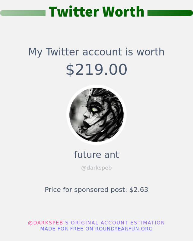 darkspeb's tweet photo. My Twitter worth is: $219.00

➡️ https://t.co/91FivxOJ1Y https://t.co/GSTZfheGzo