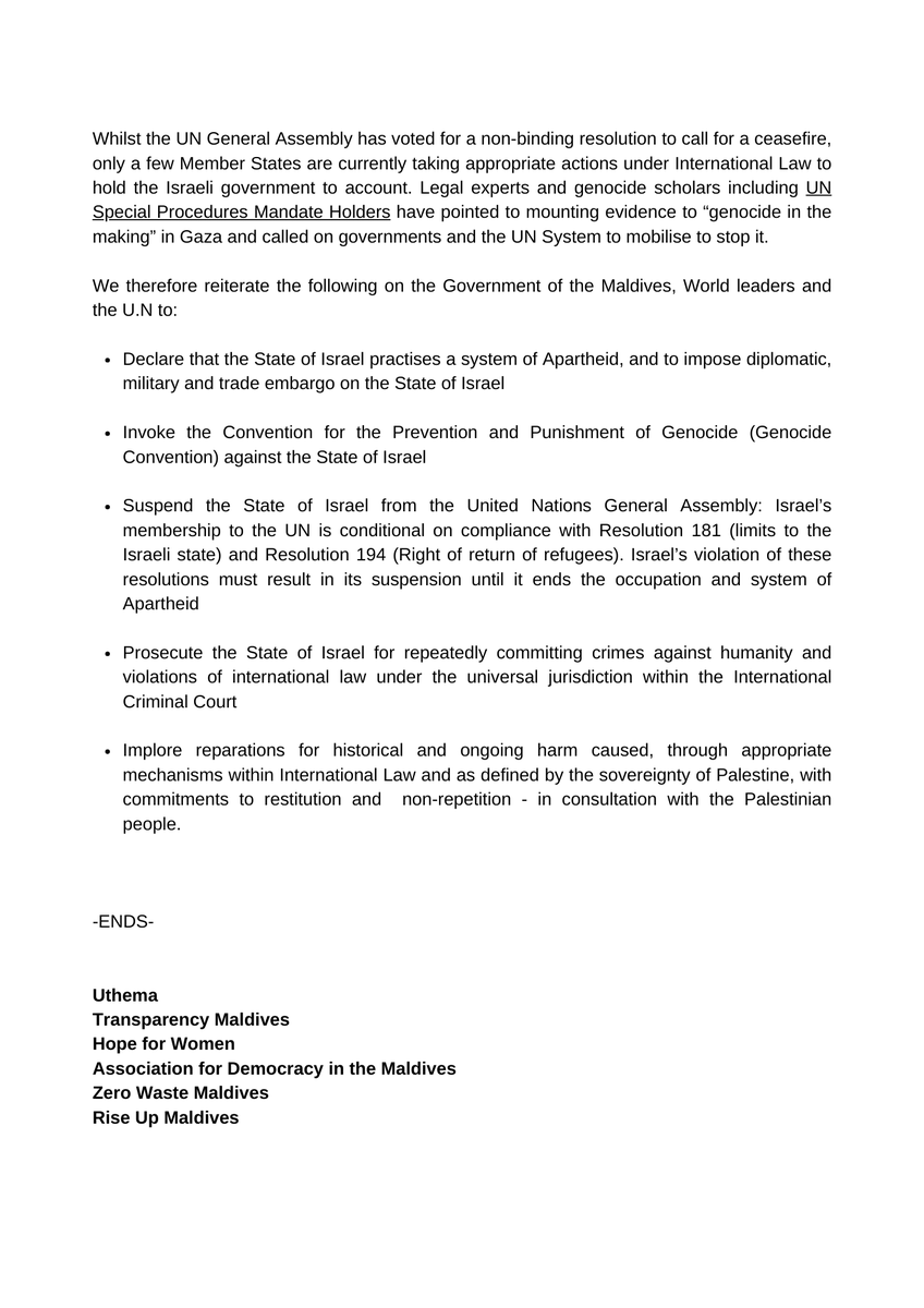JOINT PRESS STATEMENT: <a href="/TransparencyMV/">Transparency MV</a>, <a href="/Uthema_MV/">Uthema / އުތެމަ 🇲🇻</a>, <a href="/HopeforWomenmv/">Hope for Women</a>, <a href="/AssocDemocracy/">ADMv</a>, <a href="/ZeroWasteMv/">Zero Waste Maldives</a> and <a href="/MvRiseUp/">#RiseUpMV ✊</a>  strongly condemn the continued genocide and occupation in Palestine by the apartheid regime of Israel.

#HumanRightsDay