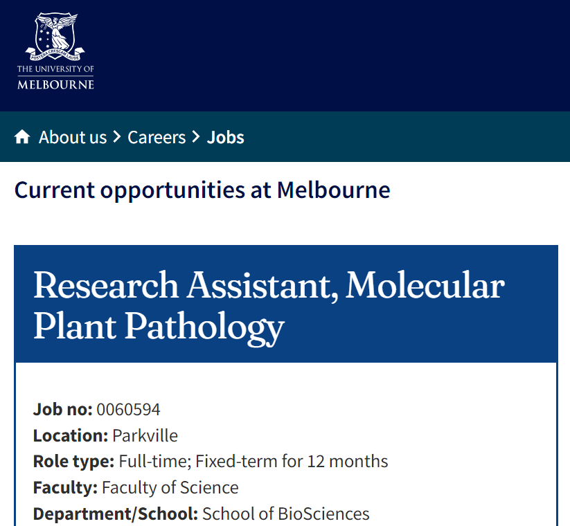 We are hiring a Research Assistant to contribute to multiple molecular plant pathology projects that will reduce the deleterious impact of plant disease in Australia and globally: jobs.unimelb.edu.au/caw/en/job/914… Consider joining our team and wider community #unimelb @BioSci_UniMelb