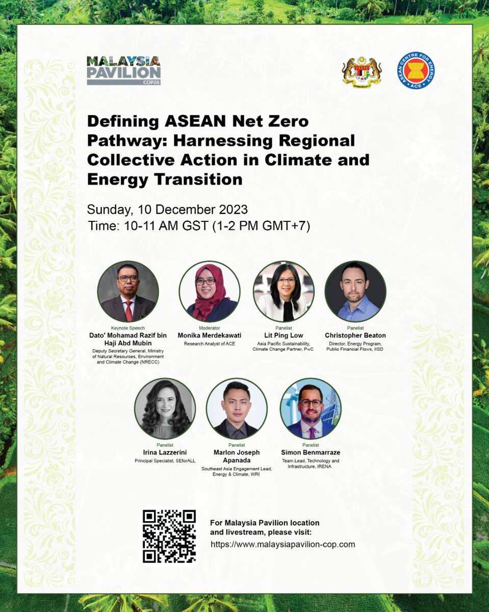 ⏰Starting in 1hr at #COP28 | The ASEAN region has a diverse energy landscape—how can member states harness collective action to navigate the energy transition?

Hear from IISD's @Chrisbeaton3 at this <a href="/aseanenergy/">ASEAN Centre for Energy</a> event.
🕙 10am GST
📍 #MalaysiaPavilion
💻 malaysiapavilion-cop.com/programmes/net…
