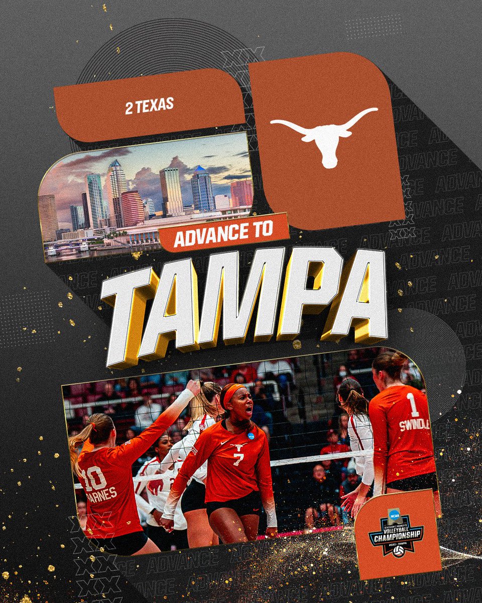 NCAAVolleyball's tweet photo. 𝚃𝙴𝚇𝙰𝚂 ➡️ 𝚃𝙰𝙼𝙿𝙰 🤘

The last ticket to Tampa is punched as (2) @TexasVolleyball takes down (1) Stanford in 4 to advance to the National Semifinals 🟠

#NCAAWVB https://t.co/jRxlIY1xZC