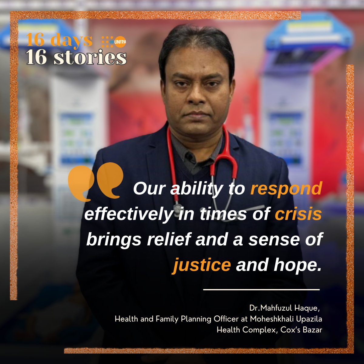 UNFPABangladesh's tweet photo. Day 16: Dr. Haque champions integrated GBV care at Moheshkhali UHC, ensuring immediate, confidential support for survivors. Let's unite to provide comprehensive services to all, irrespective of gender, sex, disability, or social status. #16DaysOfActivism #FRONTLINEHERO https://t.co/3GZYcz8HCf