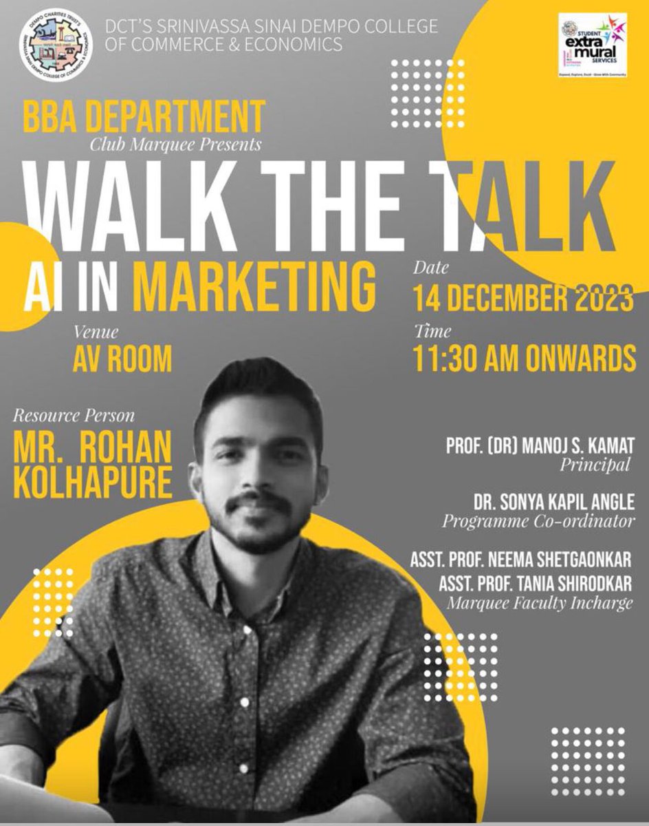 #WalkTheTalk with Mr Rohan Kolhapure on 14th Dec 2023. Join us for an enlightening session with the BBA students of the Marketing Club 
#TeamDempo #MarketingGurus