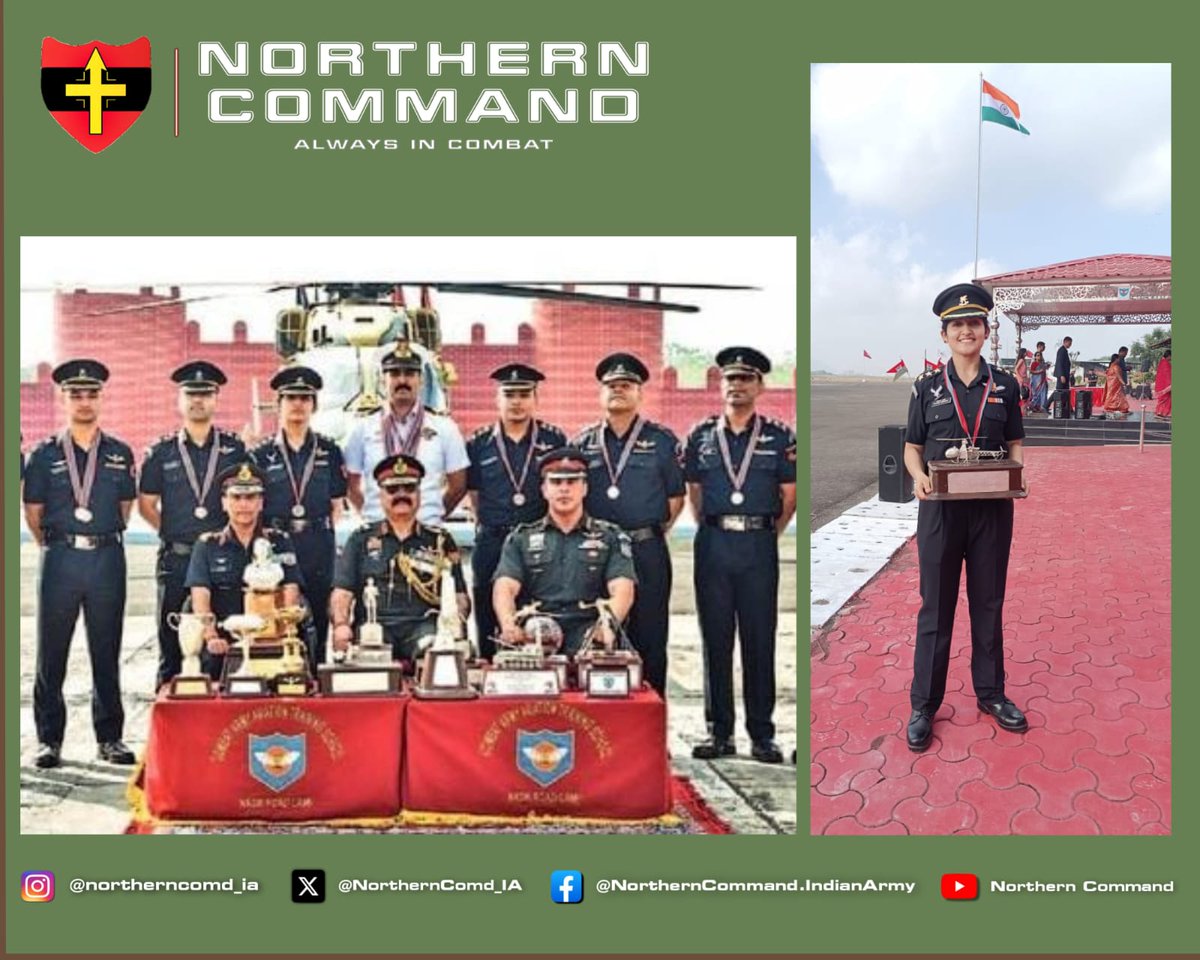 #LtGenUpendraDwivedi #ArmyCdrNC and all ranks of #NorthernCommand congrats Capt Hansja Sharma of #Jammu on her historic achievement! Awarded the '#SilverCheetah' trophy for topping the #CombatAviators Course No 40 she is the first woman officer to earn this honor in CATS history