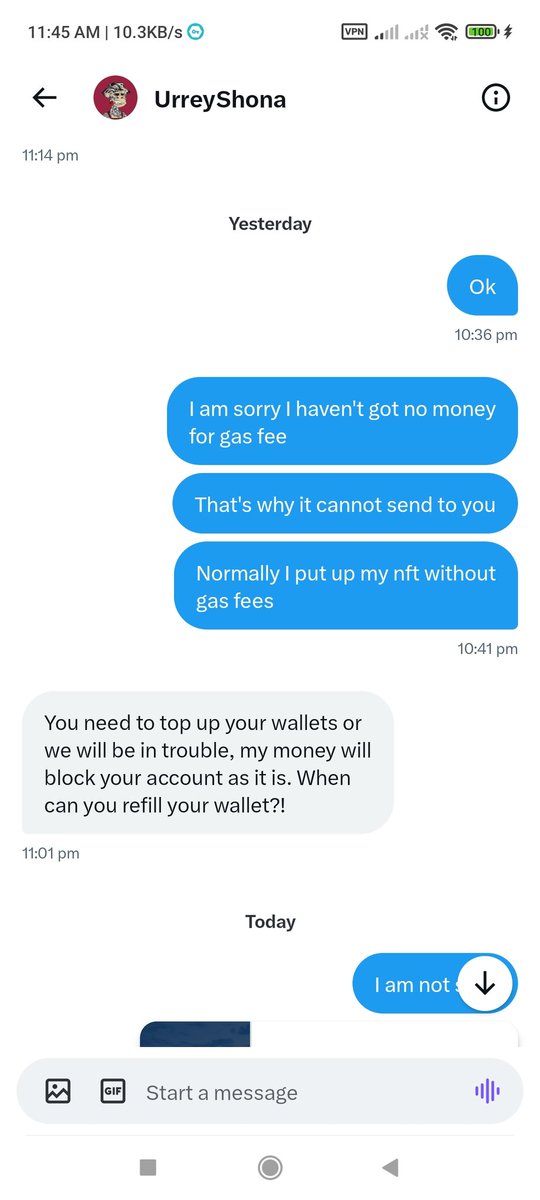 aungthaw4am's tweet photo. Some pricks try to scam me to buy my one work NFTs from me. 5 Months in a straight row. Luckily they got nothing. @elonmusk can you take of such accounts for cleansed X.
By the way, all of my followers you can buy my nft directly through the link below
https://t.co/rM6vo6QIAK https://t.co/3s1iK8QvUw