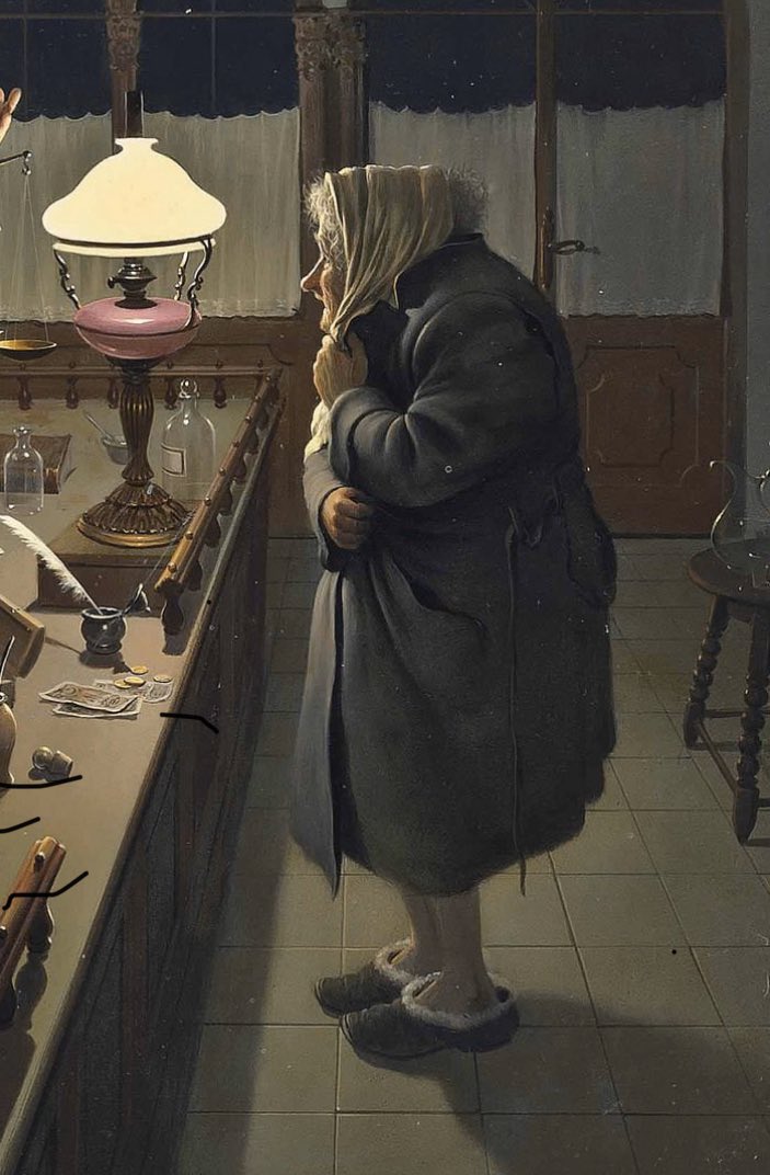 لوحة بعنوان: الصيدلي
الرسام الهنغاري (Vida Gabor (1937-1999

عام 2014، بيعت هذه اللوحه في مزاد علني بمبلغ 37,261 دولار