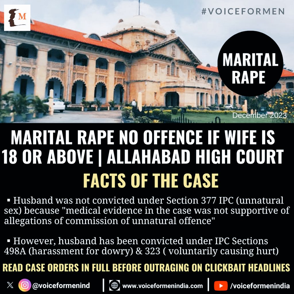 #MaritalRape No Offence If Wife Is 18 Or Above: Allahabad High Court 

Lot of noise on social media by just reading a headline 

🔹️FACTS: 

▪️The court in its judgment dated December 6, 2023, noted that "the medical evidence in the case was not supportive of allegations of