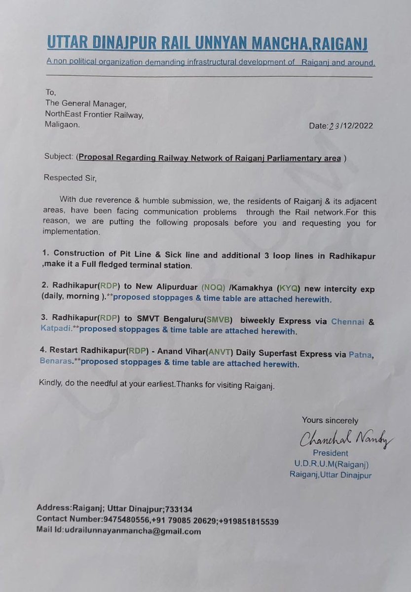 rail_for_UD_RGJ's tweet photo. To save #Raiganj-Barsoi Railway from LongDeprivation since independence by KatiharDivision&amp;NFR,Implement 3 sanctioned Loopline at RDP&amp;Pit-Sick line at Dalimgaon&amp;Introduce Highly Demanding RDP-KAMAKHYA Daily Express&amp;SOUTHINDIA bound Express from #RGJ @AshwiniVaishnaw @DebasreeBJP https://t.co/E9zhGGk8P0