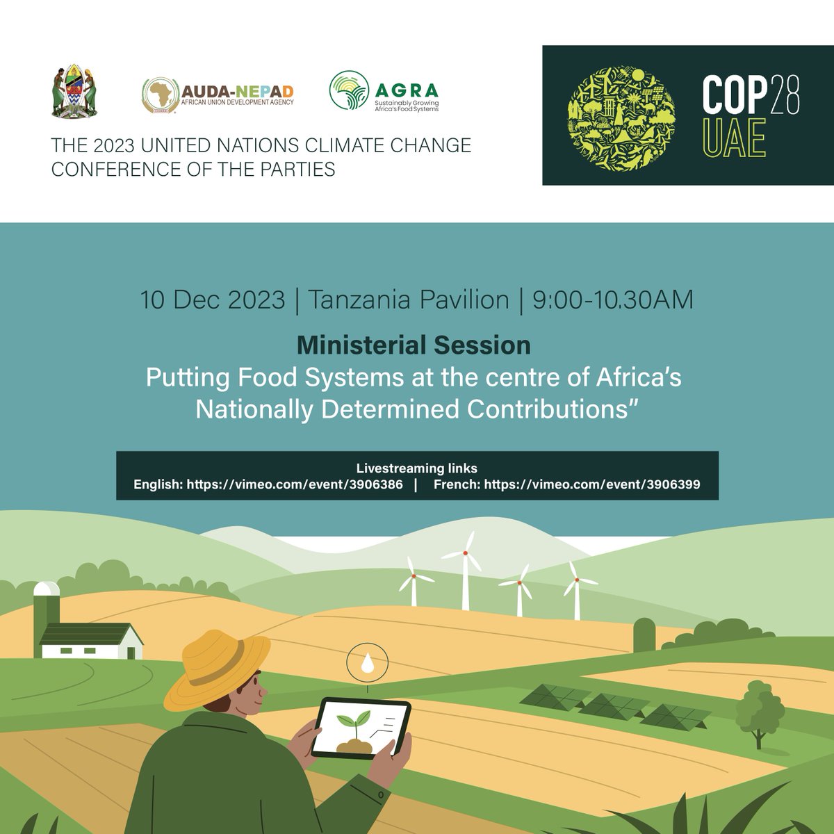 '🌍 Today in the #COP28UAE , join us for two key sessions: 1️⃣ Ministerial Segment on Food Systems in Africa's NDCs at 9 am (UAE) / 7 am (SA).2️⃣ Session on Investments for National Food Systems & Climate Plans in Africa at 14:30 (UAE) / 12:30 (SA). Watch: vimeo.com/event/3906386